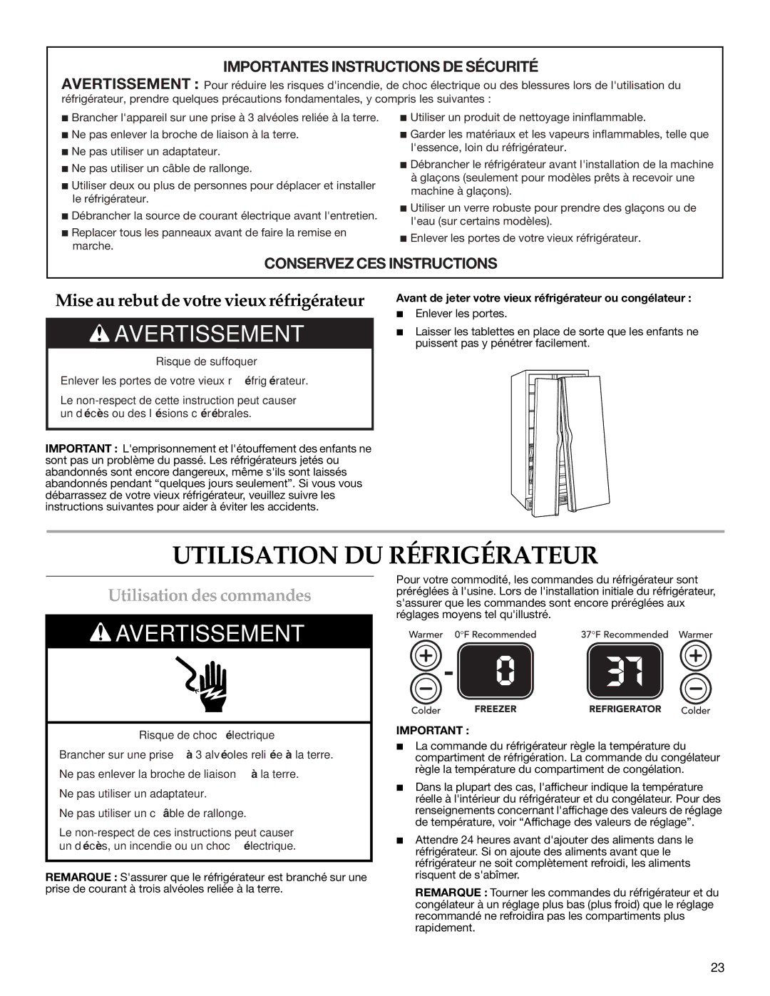 KitchenAid COUNTER DEPTH SIDE BY SIDE REFRIGERATOR, KSCS25INWH00 Utilisation DU Réfrigérateur, Utilisation des commandes 