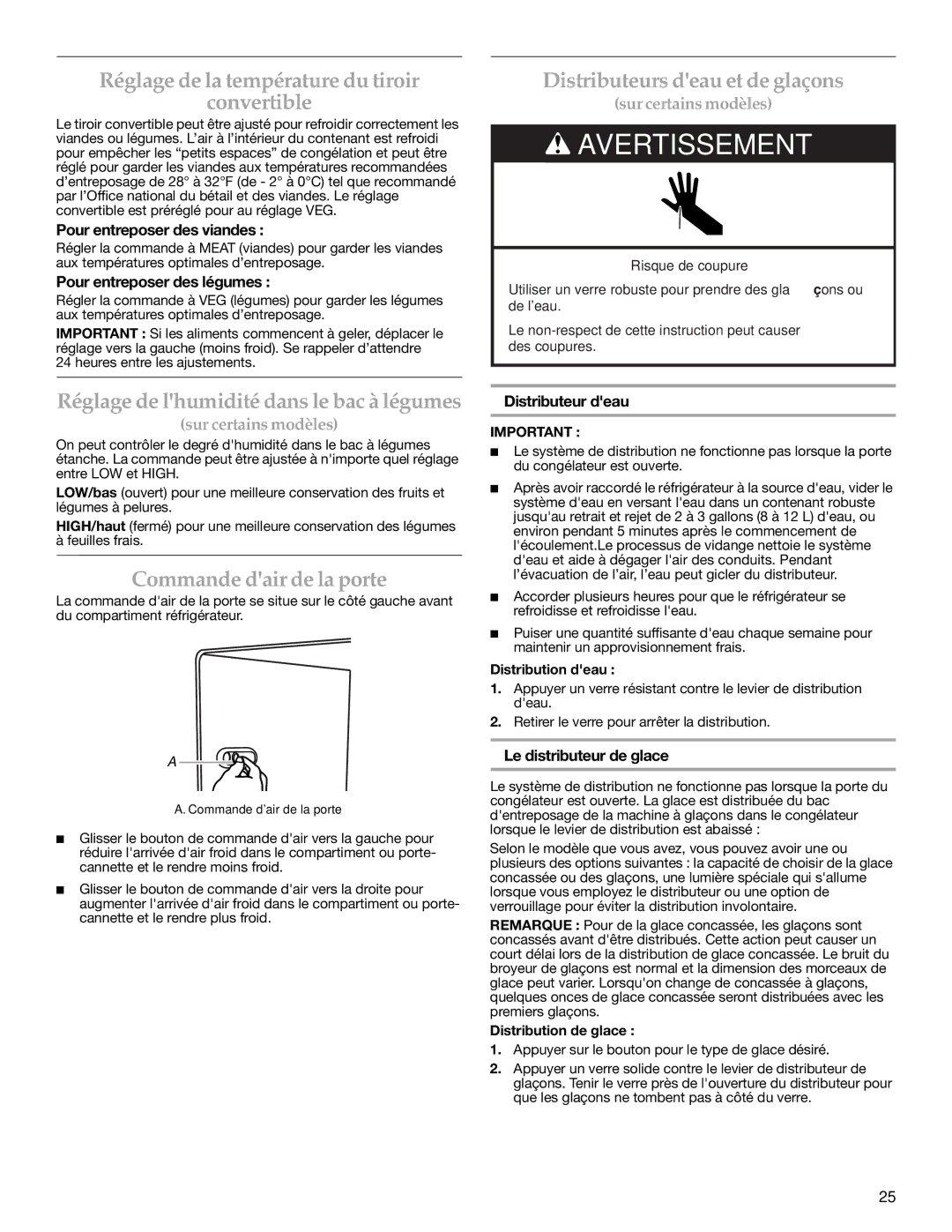 KitchenAid KSCS25INSS01, KSCS25INWH00 Réglage de la température du tiroir Convertible, Distributeurs deau et de glaçons 