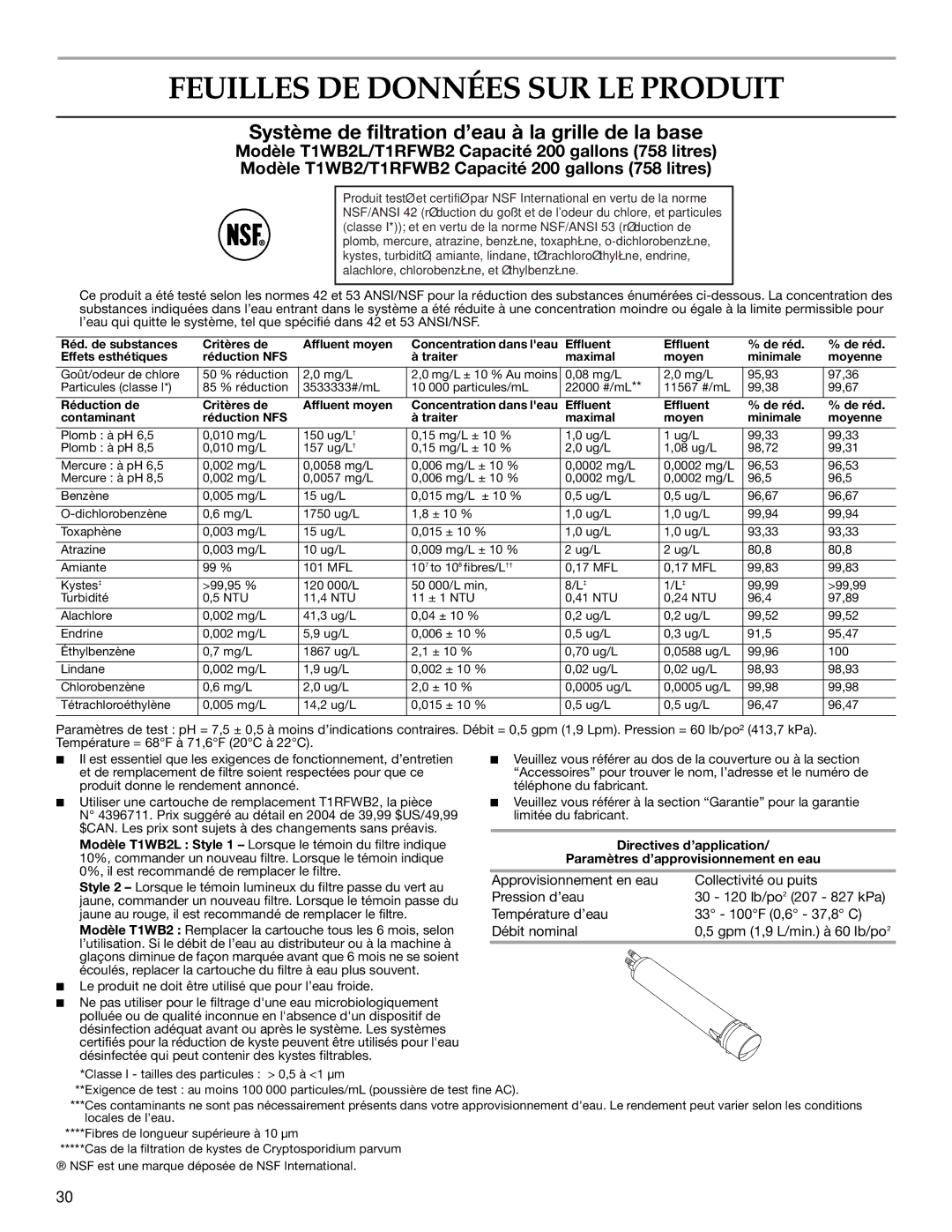 KitchenAid KSCS23INBL00 warranty Feuilles DE Données SUR LE Produit, Système de filtration d’eau à la grille de la base 