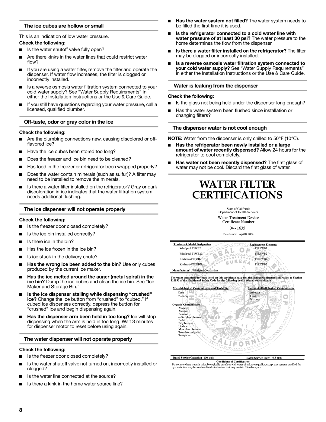 KitchenAid KSCS23INWH00, KSCS25INWH00, KSCS25INSS01, KSCS25INSS00, KSCS25INBT01, KSCS25INBL01 Water Filter Certifications 