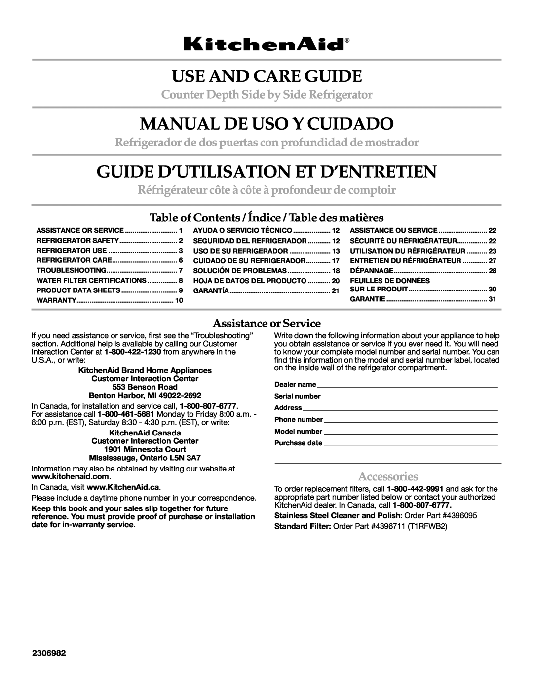 KitchenAid KSCS25INSS01 warranty Use And Care Guide, Manual De Uso Y Cuidado, Guide D’Utilisation Et D’Entretien, 2306982 