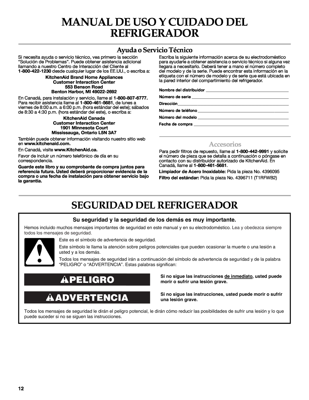 KitchenAid KSCS25INWH00 warranty Manual De Uso Y Cuidado Del Refrigerador, Seguridad Del Refrigerador, Peligro Advertencia 