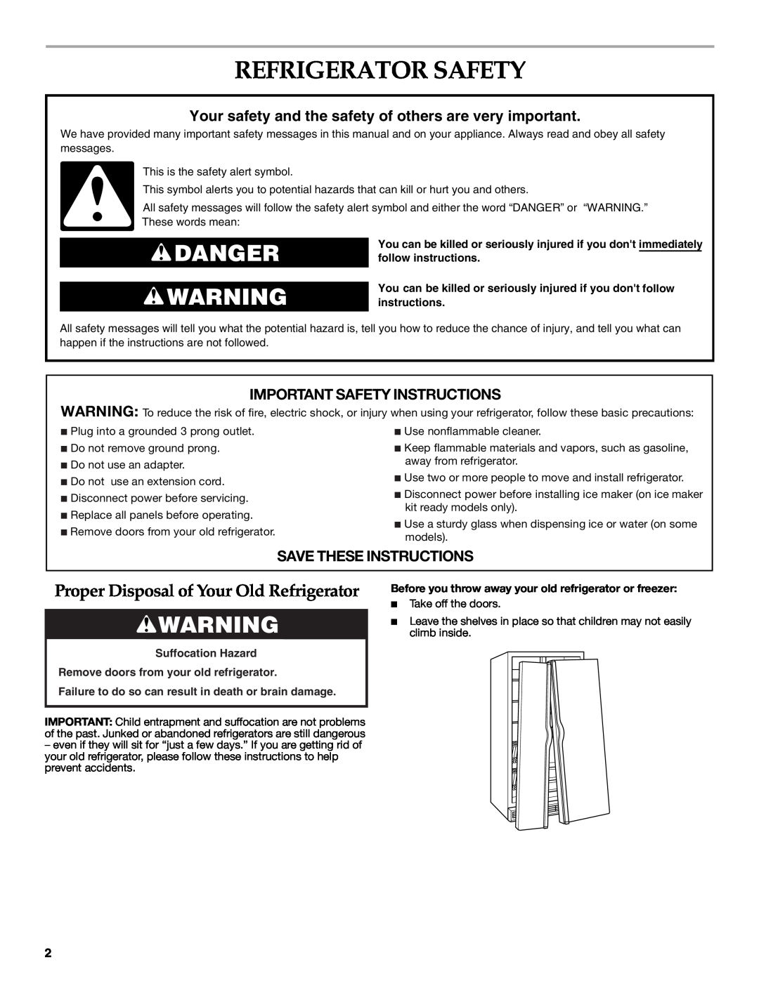 KitchenAid KSCS25INSS00 Refrigerator Safety, Danger, Proper Disposal of Your Old Refrigerator, Save These Instructions 