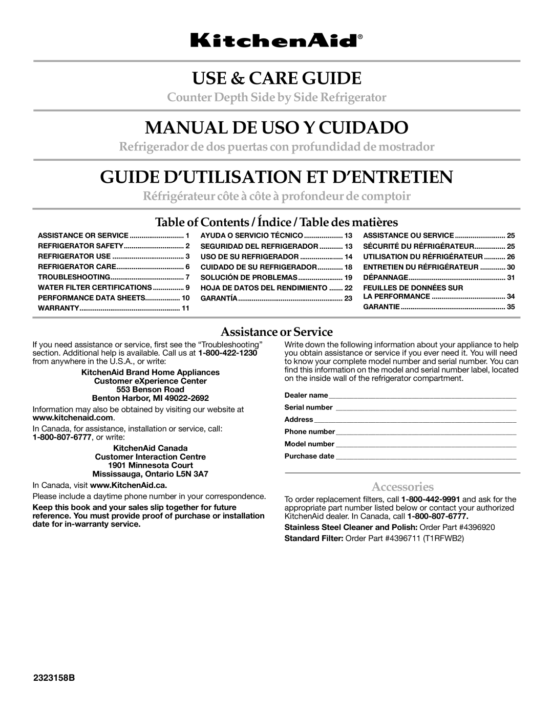 KitchenAid Counter Depth Side-by-Side Refrigerator warranty USE & Care Guide, Manual DE USO Y Cuidado 