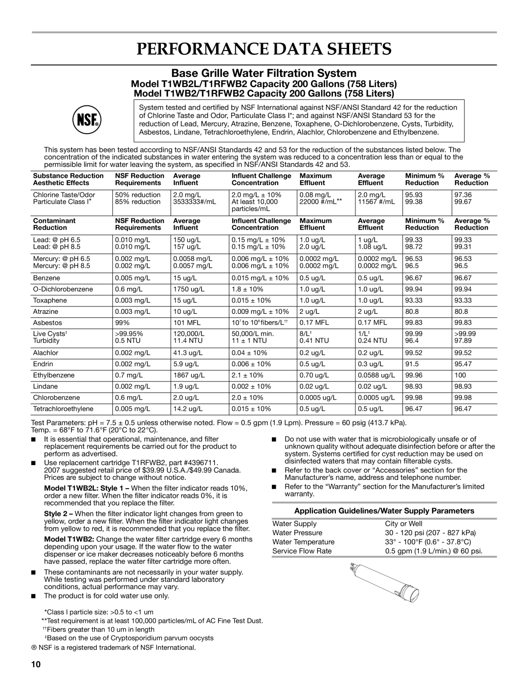 KitchenAid Counter Depth Side-by-Side Refrigerator Performance Data Sheets, Application Guidelines/Water Supply Parameters 