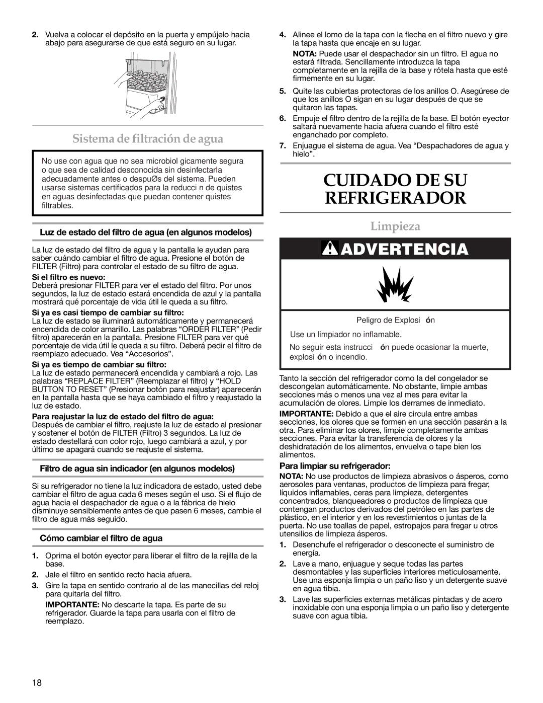 KitchenAid Counter Depth Side-by-Side Refrigerator Cuidado DE SU Refrigerador, Sistema de filtración de agua, Limpieza 