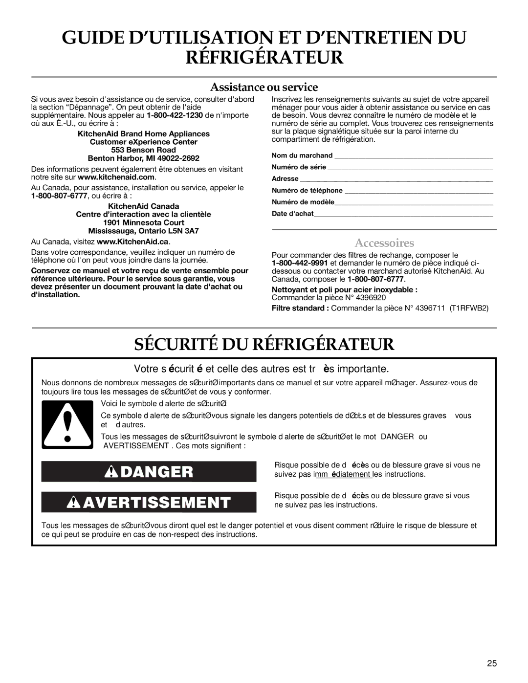 KitchenAid Counter Depth Side-by-Side Refrigerator warranty Sécurité DU Réfrigérateur, Accessoires 