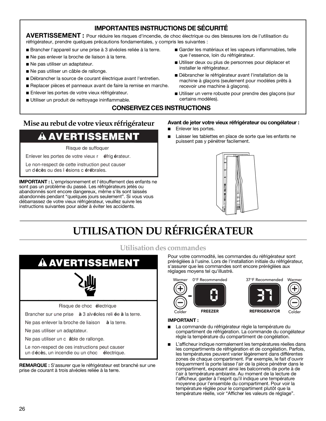 KitchenAid Counter Depth Side-by-Side Refrigerator warranty Utilisation DU Réfrigérateur, Utilisation des commandes 