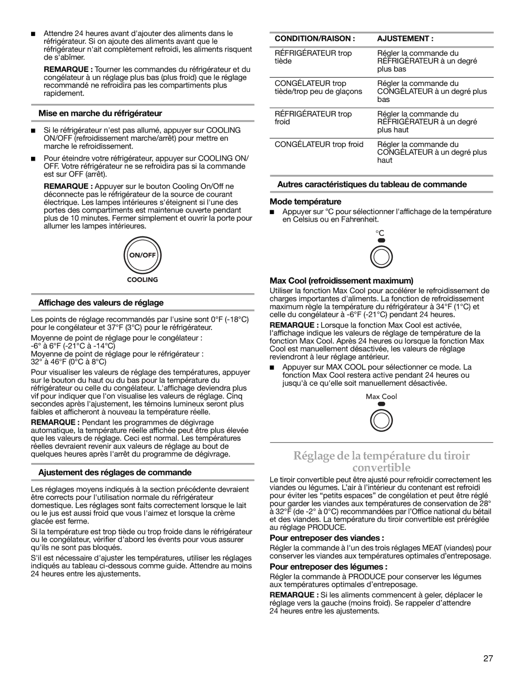 KitchenAid Counter Depth Side-by-Side Refrigerator warranty Réglage de la température du tiroir Convertible 