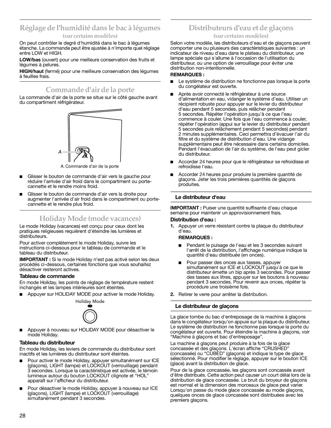 KitchenAid Counter Depth Side-by-Side Refrigerator Réglage de lhumidité dans le bac à légumes, Commande dair de la porte 