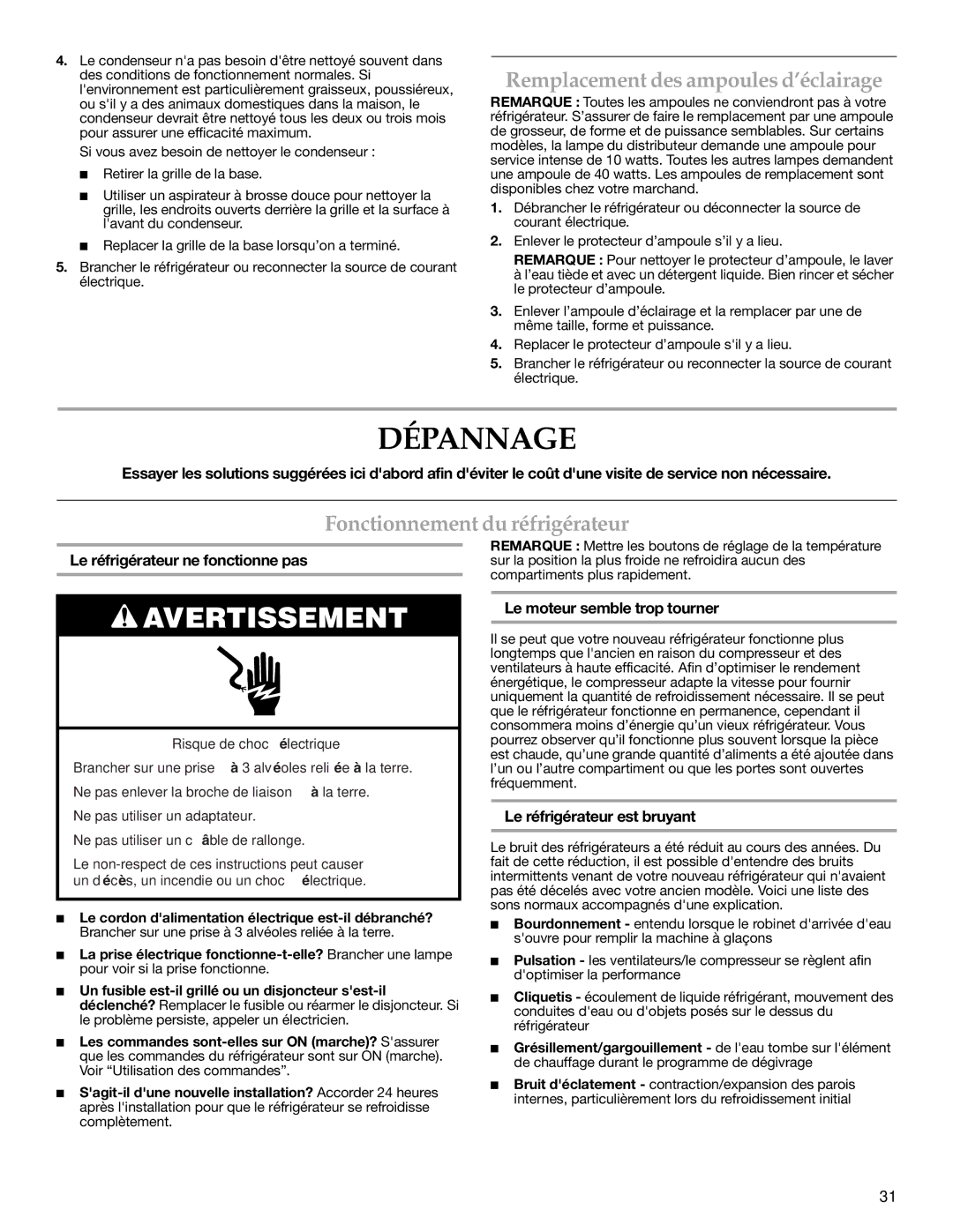 KitchenAid Counter Depth Side-by-Side Refrigerator warranty Dépannage, Remplacement des ampoules d’éclairage 