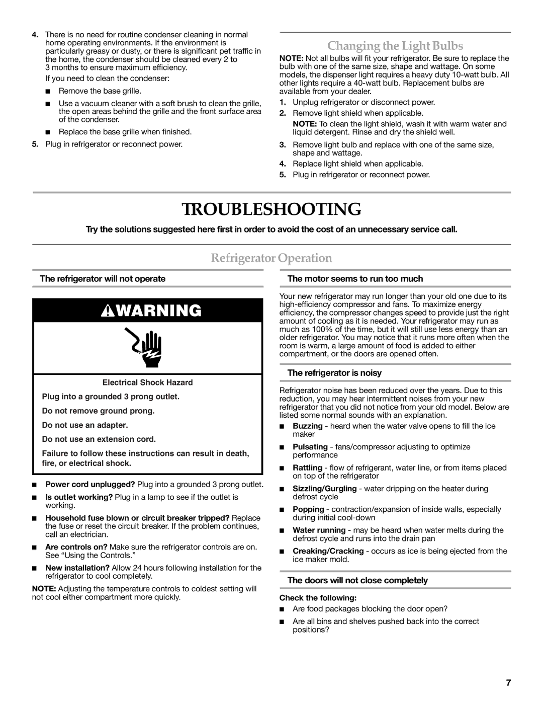 KitchenAid Counter Depth Side-by-Side Refrigerator Troubleshooting, Changing the Light Bulbs, Refrigerator Operation 