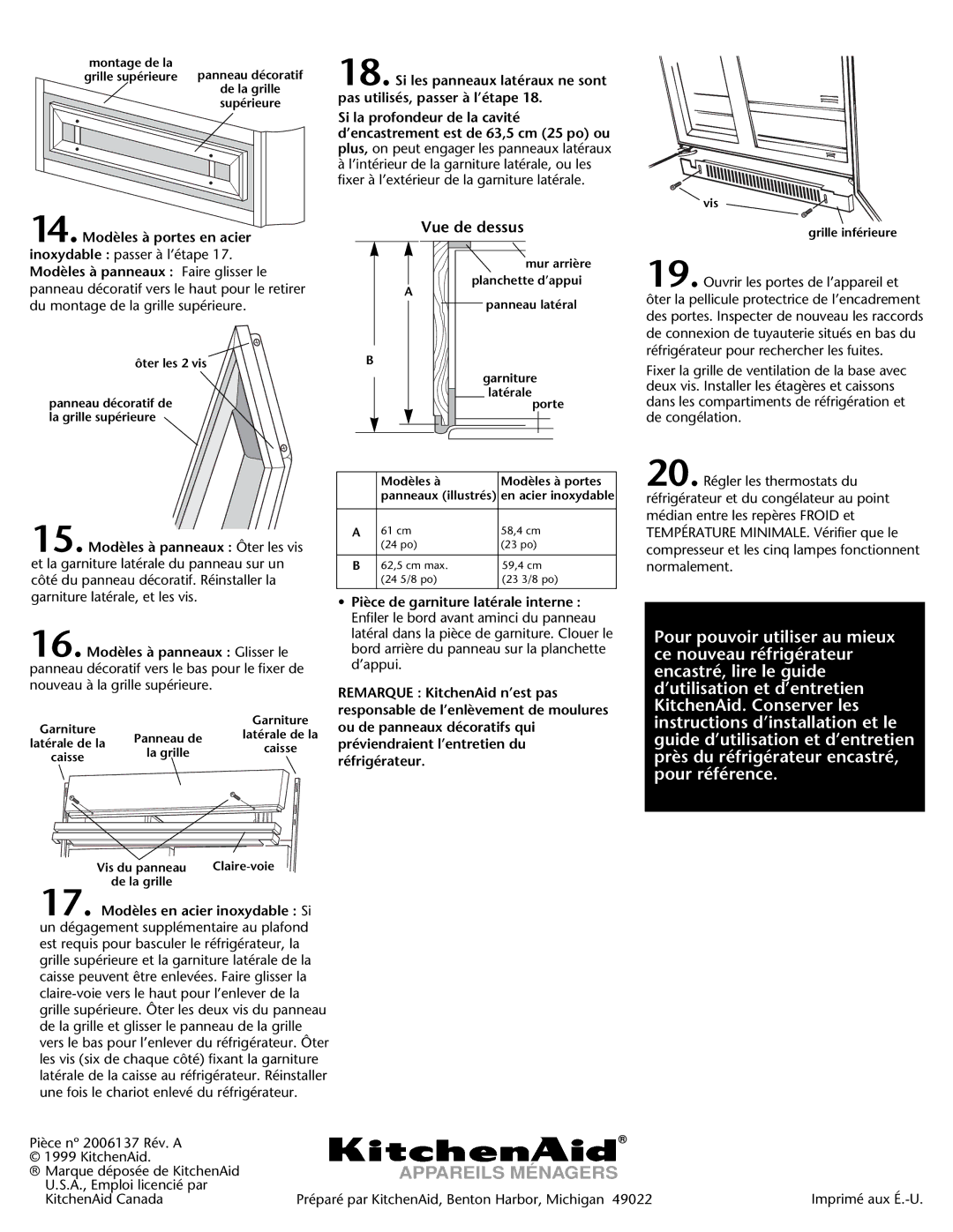 KitchenAid DHT-486XP manual Vue de dessus, Montage de la, Ôter les 2 vis, Vis Grille inférieure 