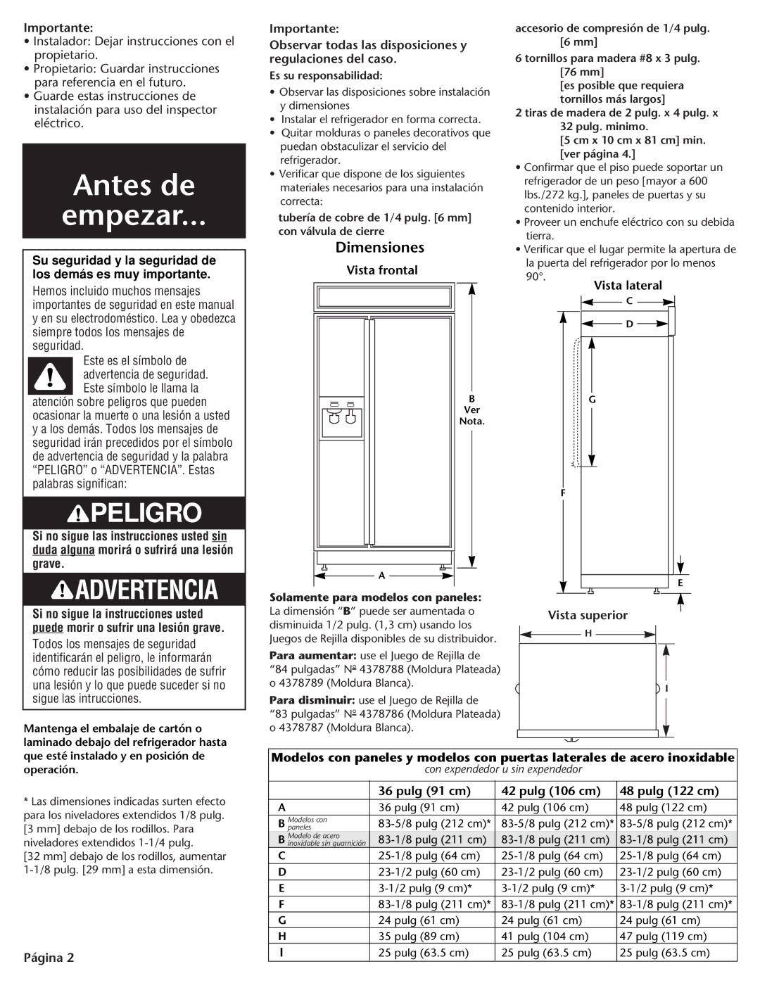 KitchenAid DHT-486XP manual Antes de Empezar, Dimensiones 