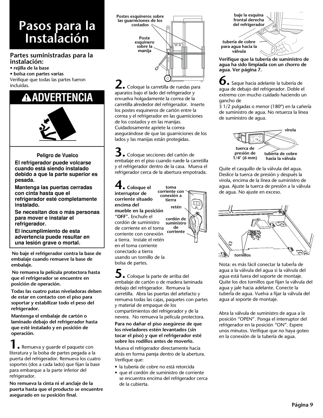 KitchenAid DHT-486XP manual Pasos para la Instalación, Partes suministradas para la instalación 