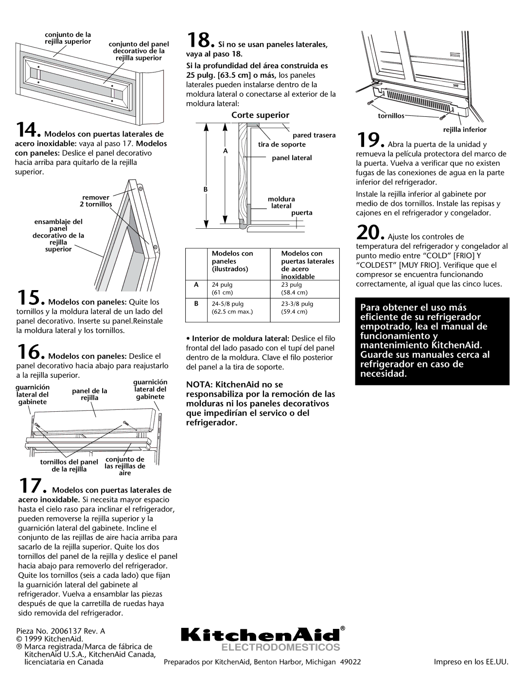 KitchenAid DHT-486XP Corte superior, Conjunto del panel Decorativo de la Rejilla superior, Ilustrados De acero Inoxidable 