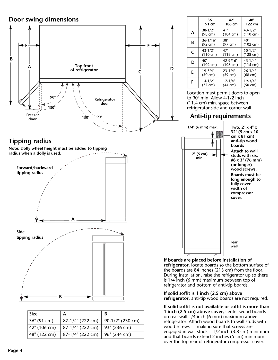 KitchenAid DHT-486XP manual Door swing dimensions, Anti-tip requirements, Tipping radius 