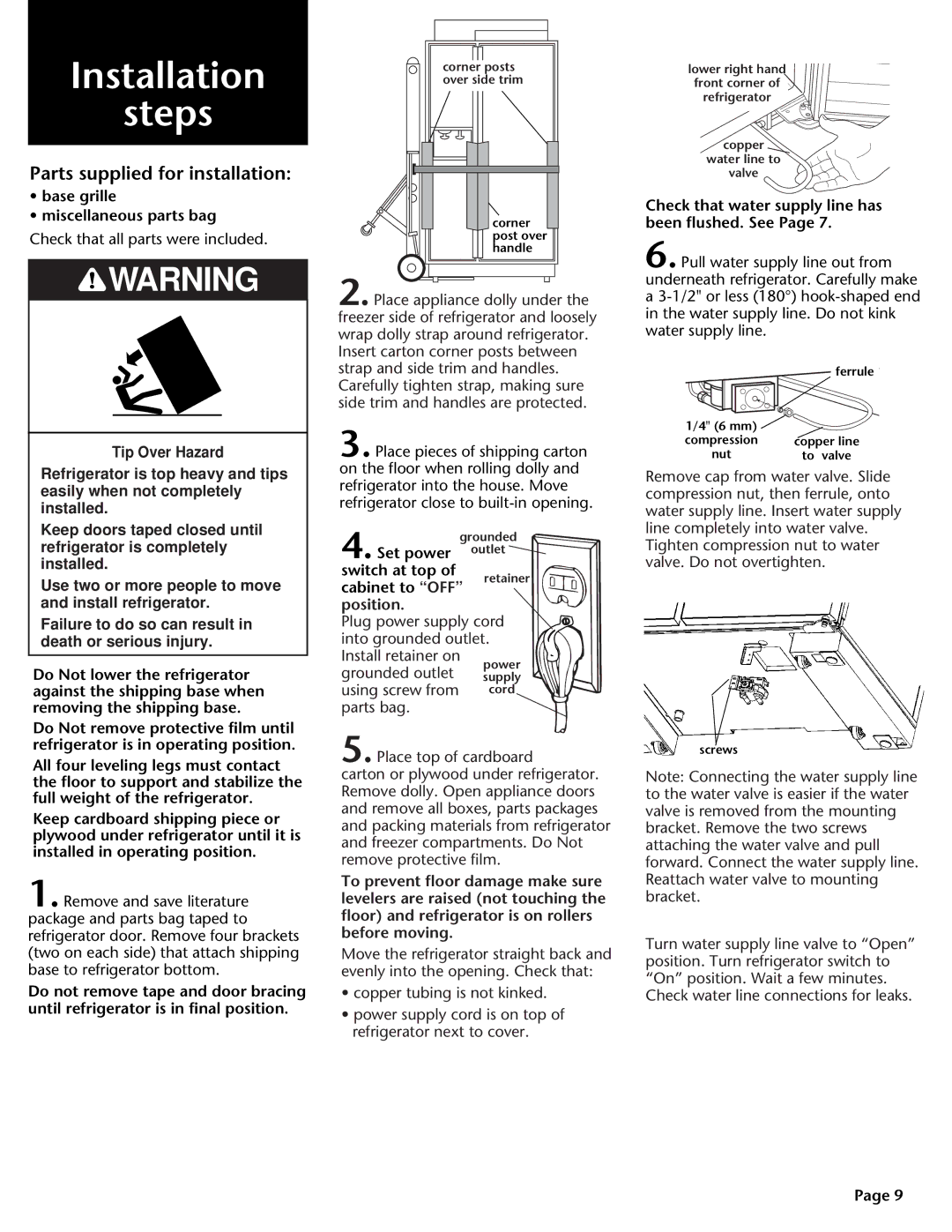 KitchenAid DHT-486XP manual Installation Steps, Parts supplied for installation 