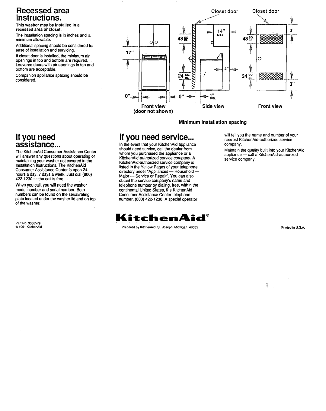 KitchenAid Dishwasher Side view, door not, shown, Minimum, installation, spacing, Closet door, Front view 