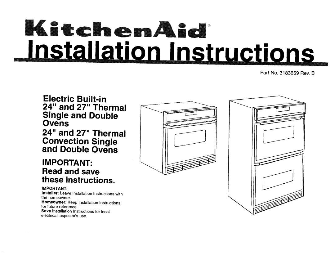 KitchenAid Double Oven installation instructions Important Read and save these instructions 