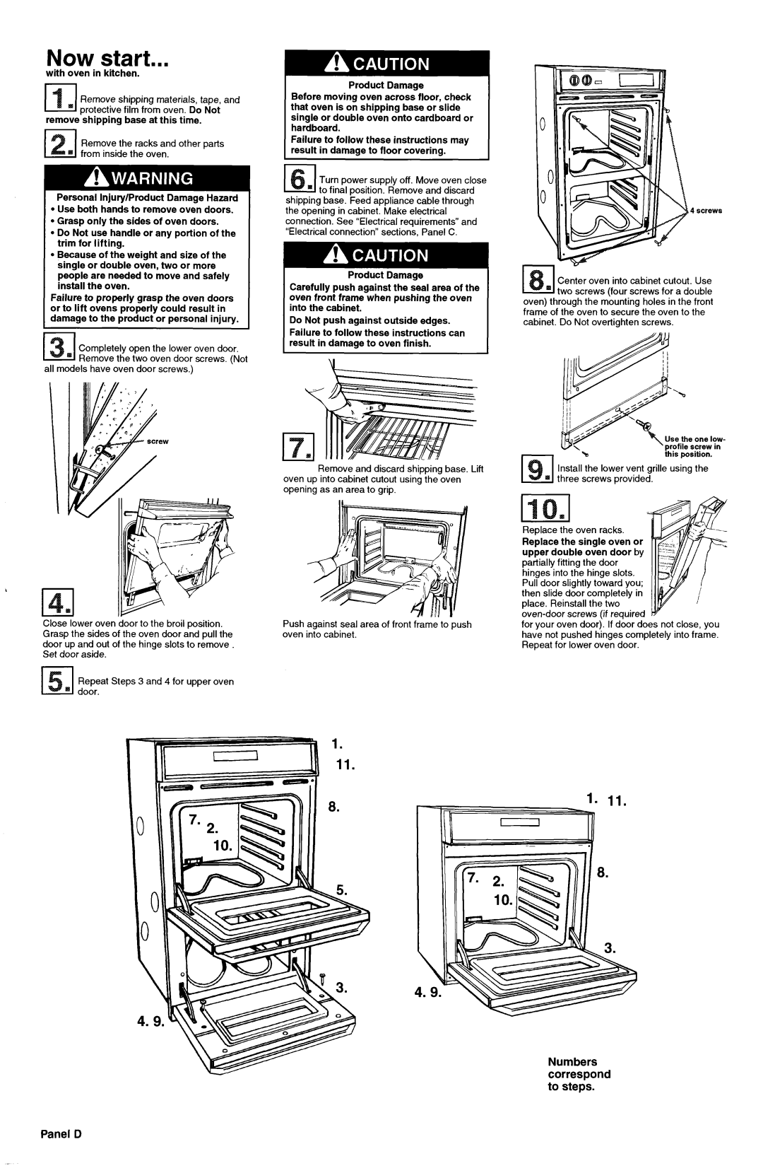 KitchenAid Double Oven installation instructions Now start, With oven in kitchen, Remove shipping base at this time 