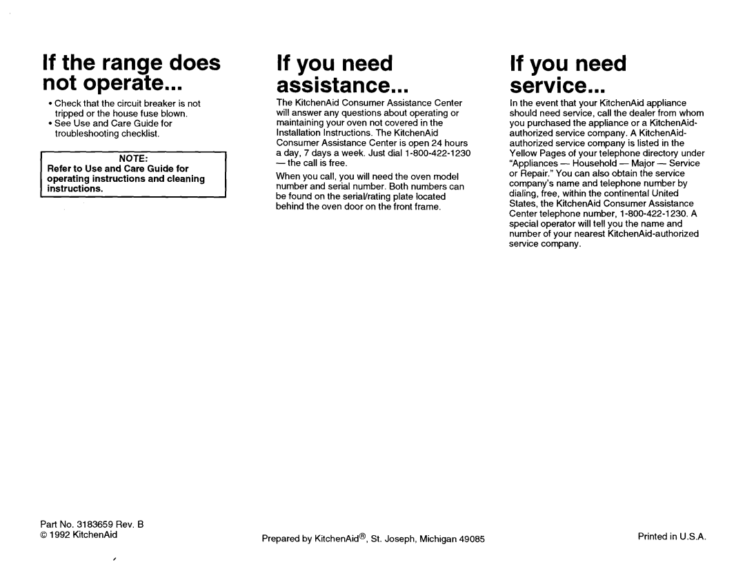 KitchenAid Double Oven installation instructions If the range does Not operate, If you need Assistance, If you need Service 