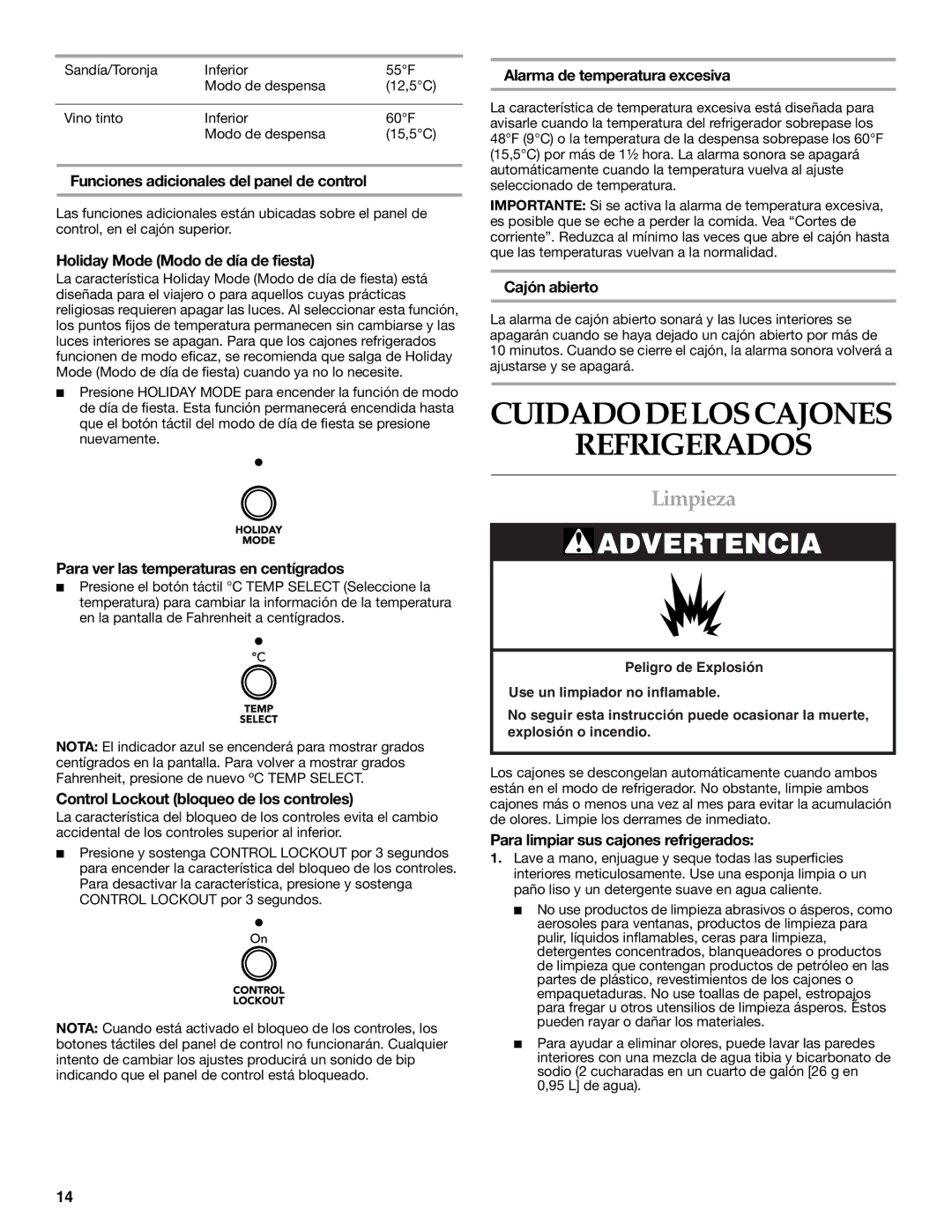 KitchenAid DOUBLE REFRIGERATOR DRAWERS manual Cuidadodeloscajones Refrigerados, Limpieza 