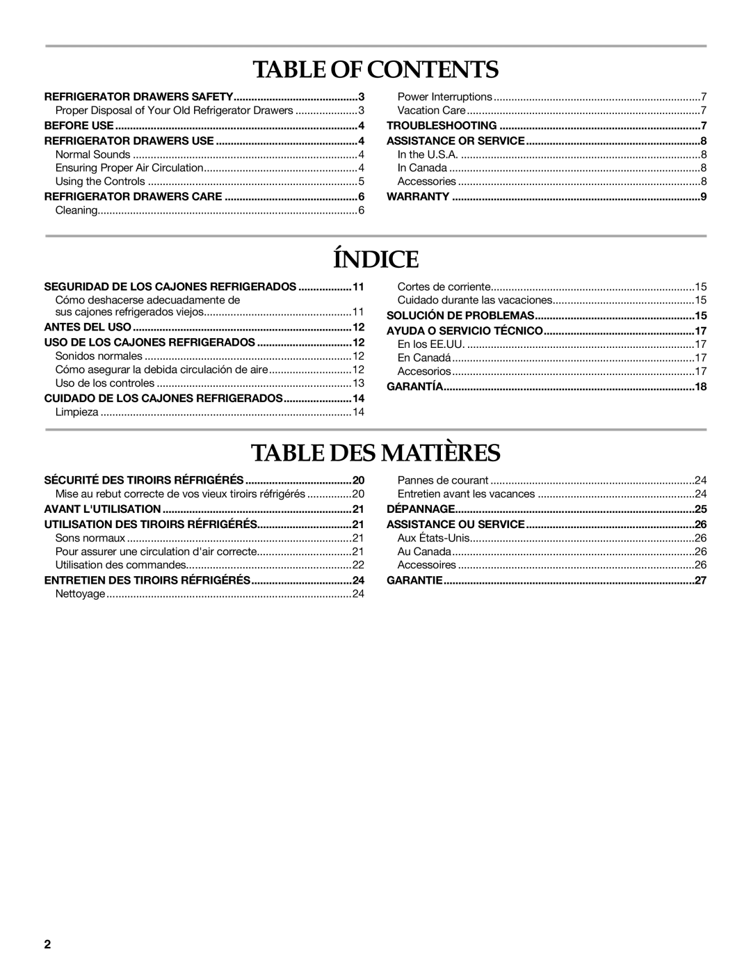 KitchenAid DOUBLE REFRIGERATOR DRAWERS manual Table of Contents, Índice, Table DES Matières 