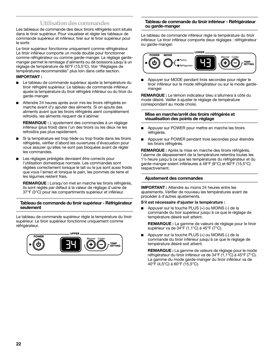 KitchenAid DOUBLE REFRIGERATOR DRAWERS manual Utilisation des commandes, Ajustement des commandes 