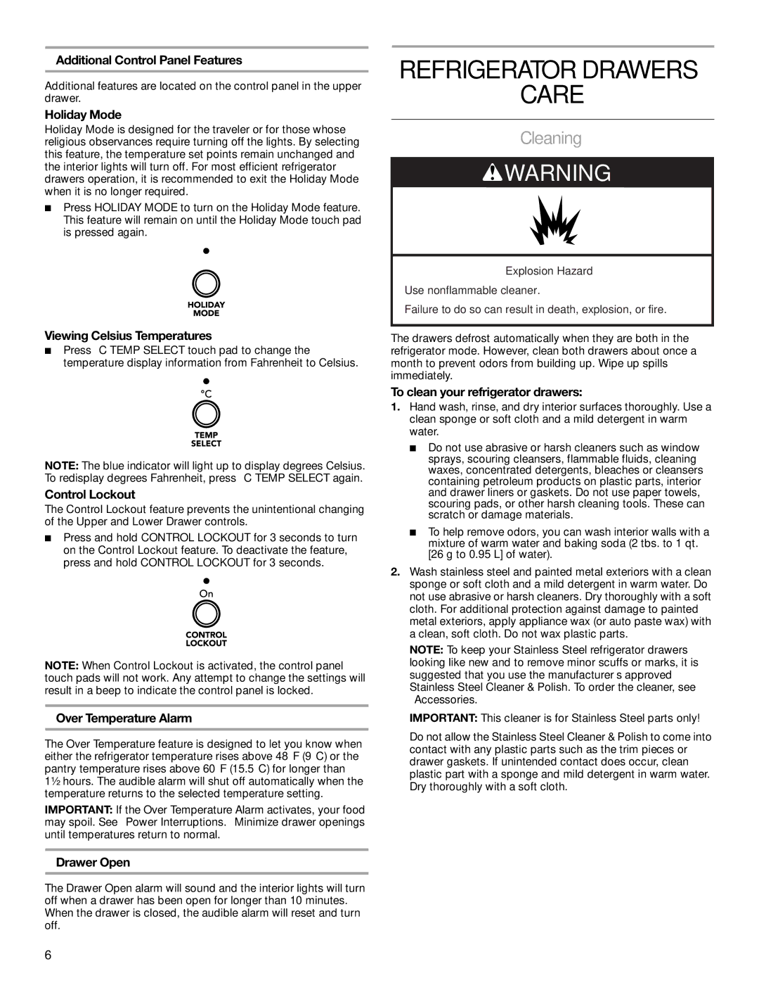 KitchenAid DOUBLE REFRIGERATOR DRAWERS manual Refrigerator Drawers Care, Cleaning 