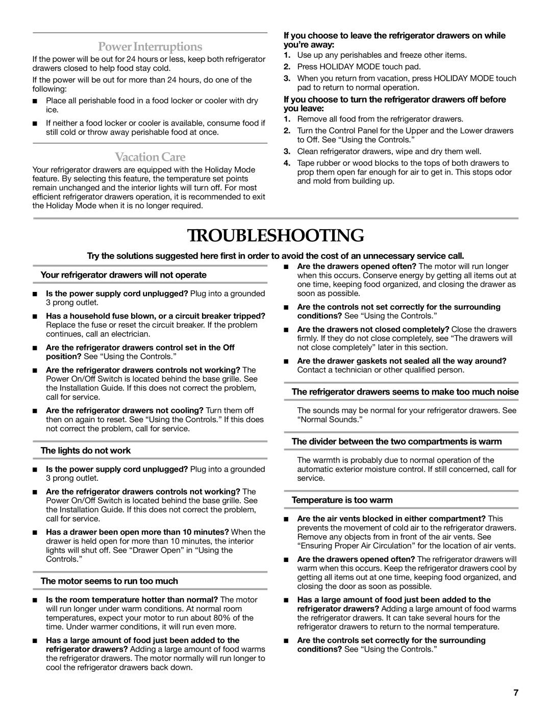 KitchenAid DOUBLE REFRIGERATOR DRAWERS manual Troubleshooting, PowerInterruptions, Vacation Care 