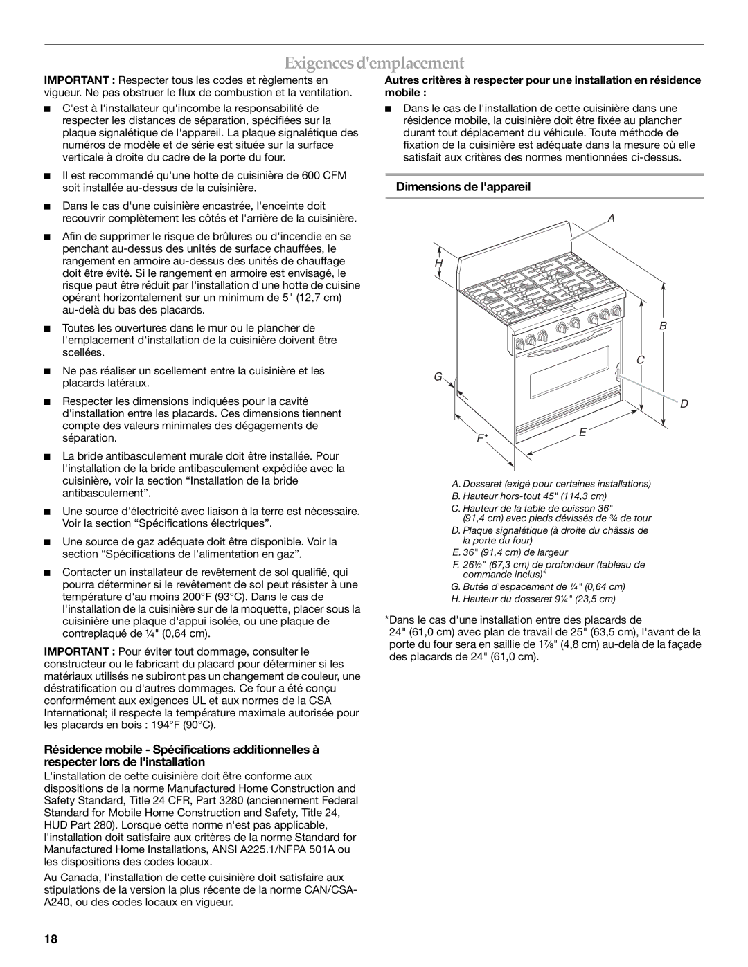 KitchenAid Dual Fuel Convection Range installation instructions Exigences demplacement, Dimensions de lappareil 