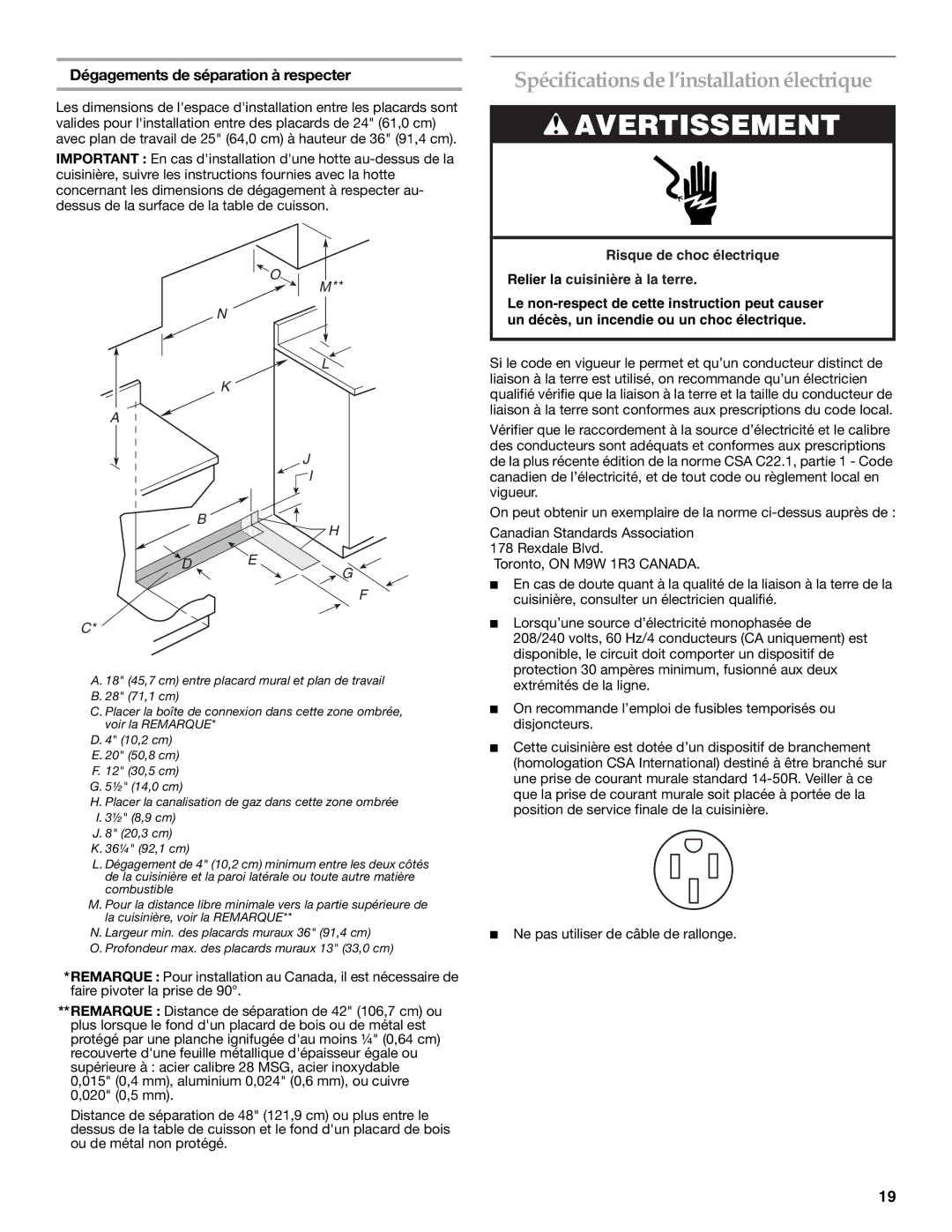 KitchenAid Dual Fuel Convection Range Spécifications de l’installation électrique, Dégagements de séparation à respecter 