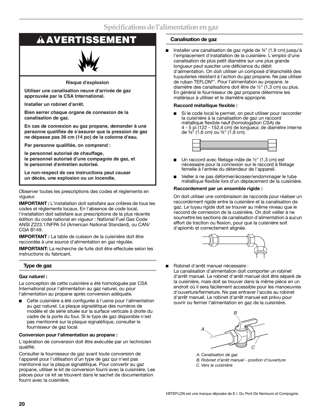 KitchenAid Dual Fuel Convection Range Spécifications de l’alimentation en gaz, Type de gaz Canalisation de gaz 