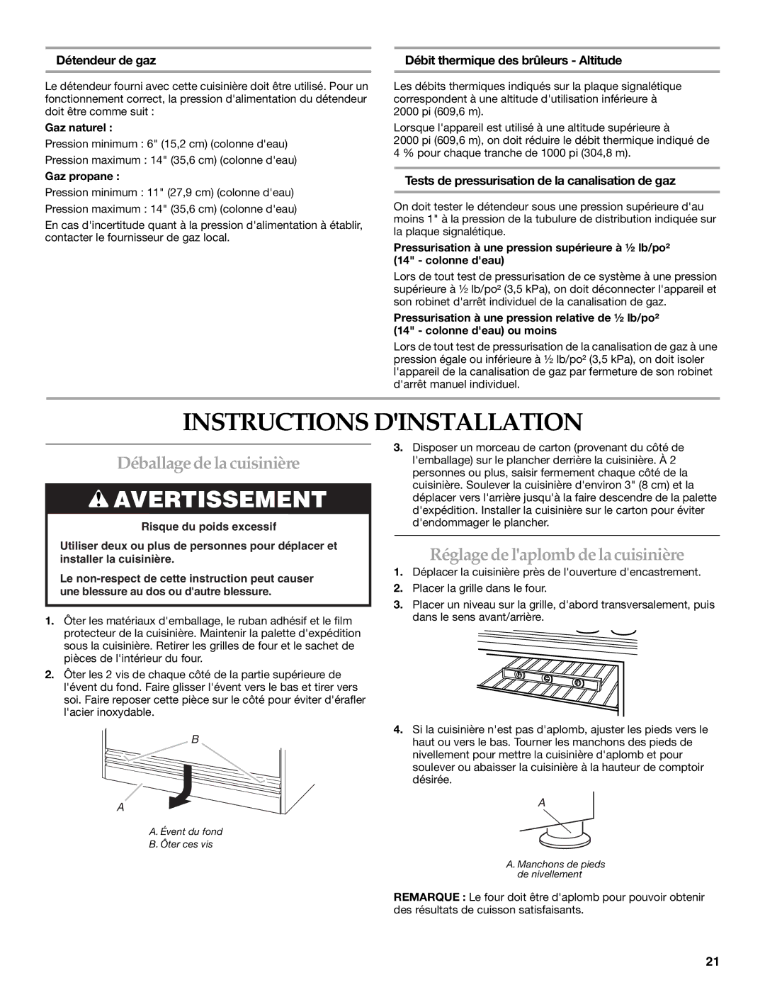 KitchenAid Dual Fuel Convection Range installation instructions Instructions Dinstallation, Déballage de la cuisinière 