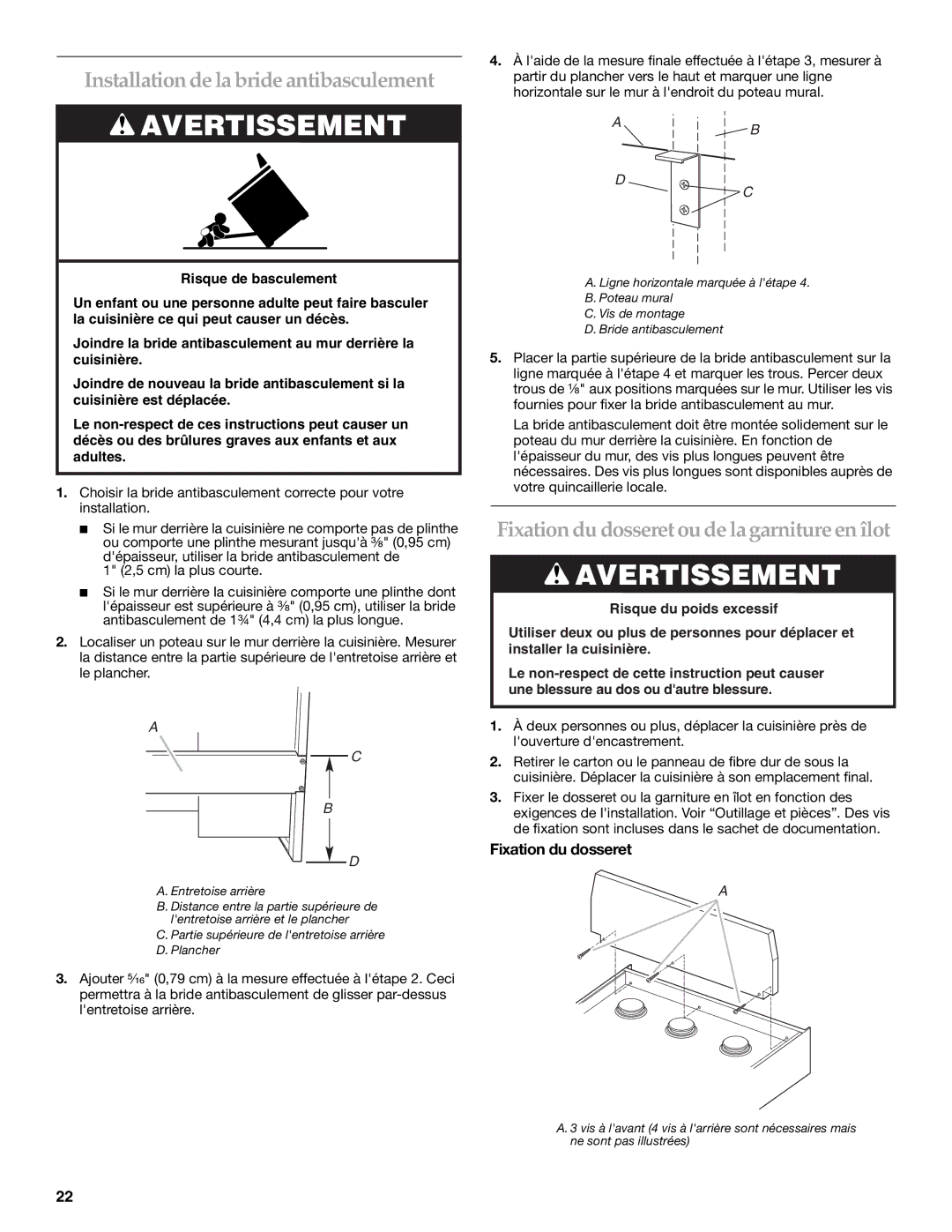 KitchenAid Dual Fuel Convection Range Installation de la bride antibasculement, Fixation du dosseret 