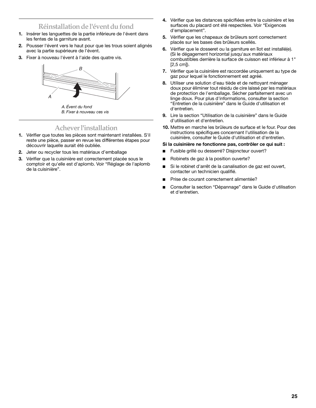 KitchenAid Dual Fuel Convection Range installation instructions Réinstallation de lévent du fond, Achever linstallation 