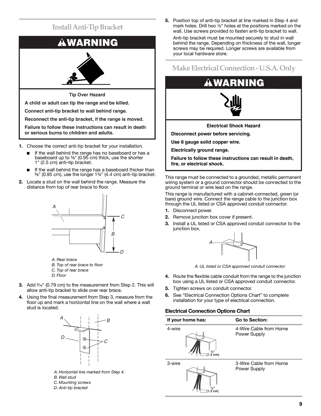 KitchenAid Dual Fuel Convection Range Install Anti-Tip Bracket, Make Electrical Connection U.S.A. Only, Power Supply 