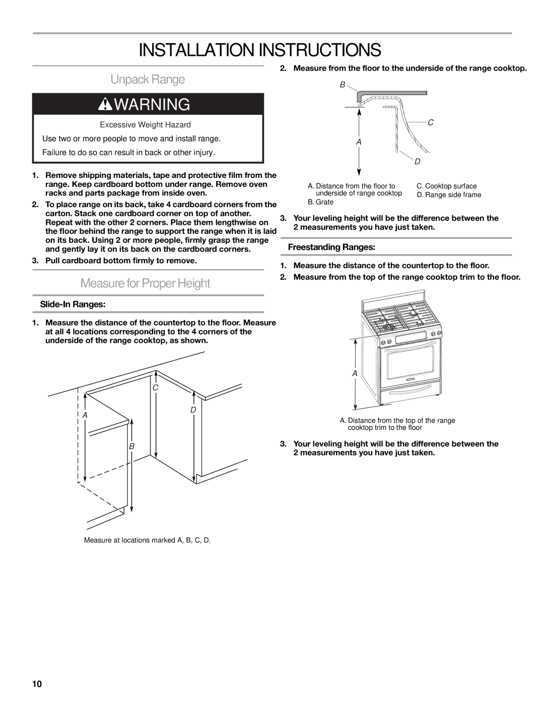 KitchenAid DUALFUEL RANGES Installation Instructions, UnpackRange, MeasureforProperHeight, Slide-In Ranges 