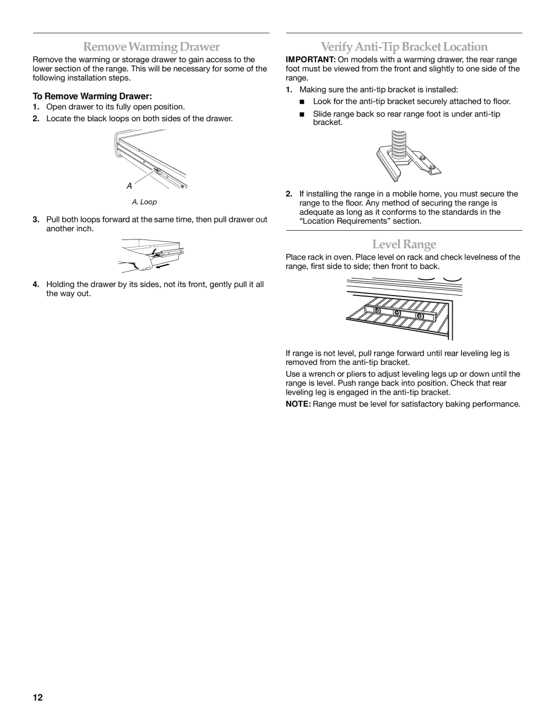 KitchenAid DUALFUEL RANGES RemoveWarmingDrawer, VerifyAnti-TipBracketLocation, LevelRange, To Remove Warming Drawer 