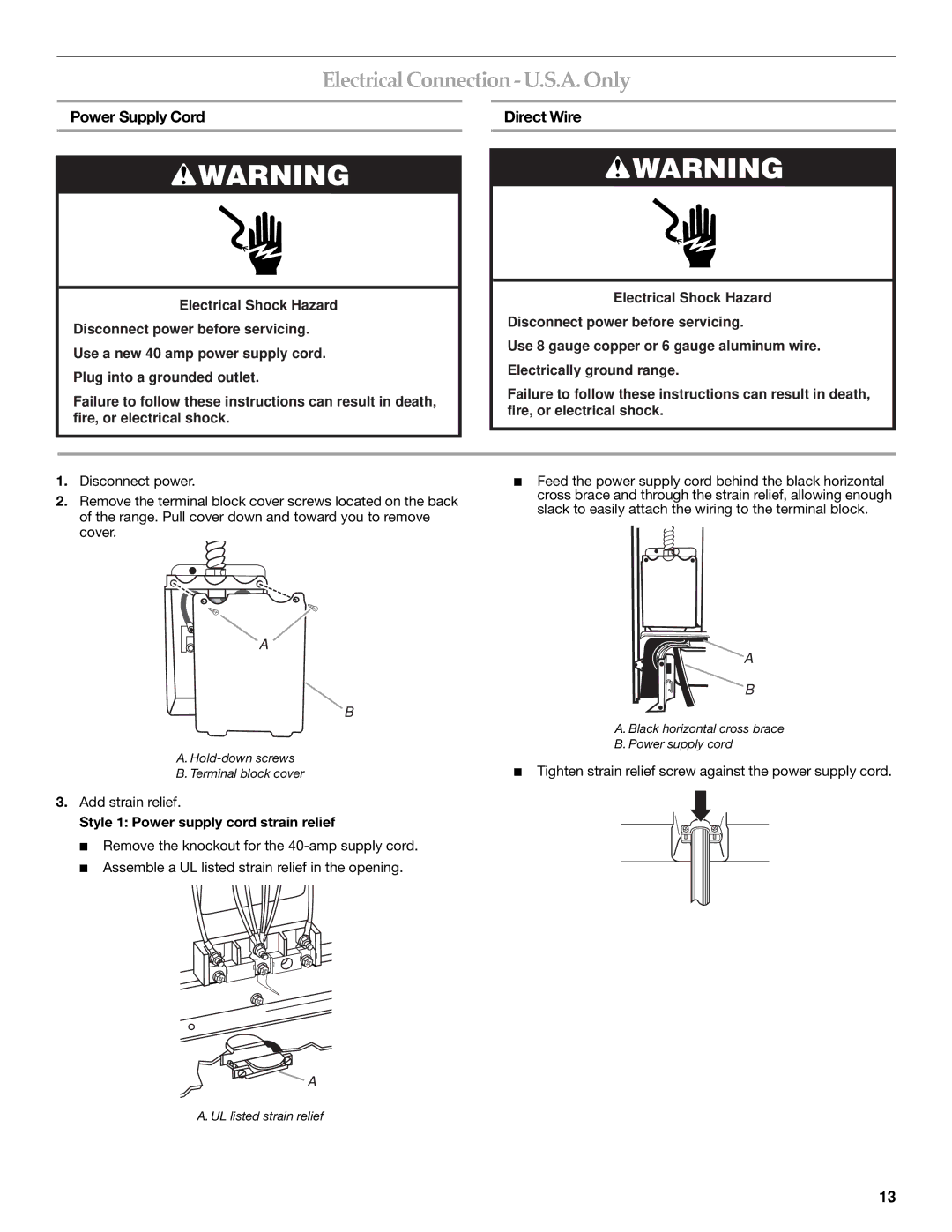 KitchenAid DUALFUEL RANGES installation instructions Electrical Connection- U.S.A.Only, Power Supply Cord, Direct Wire 