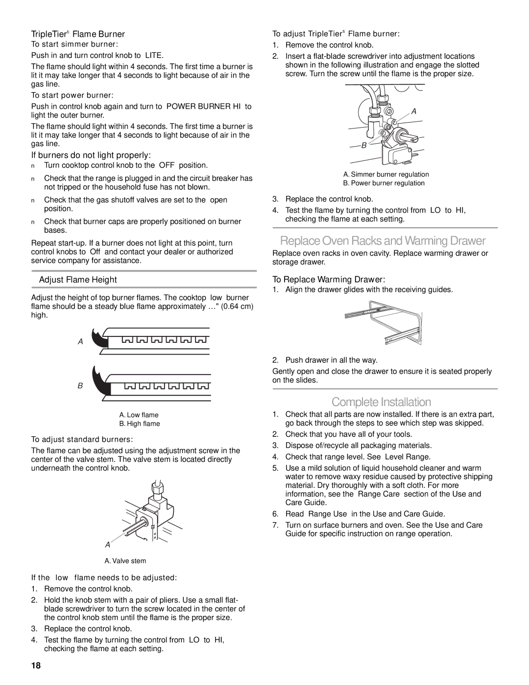 KitchenAid DUALFUEL RANGES installation instructions Replace OvenRacks andWarmingDrawer, CompleteInstallation 