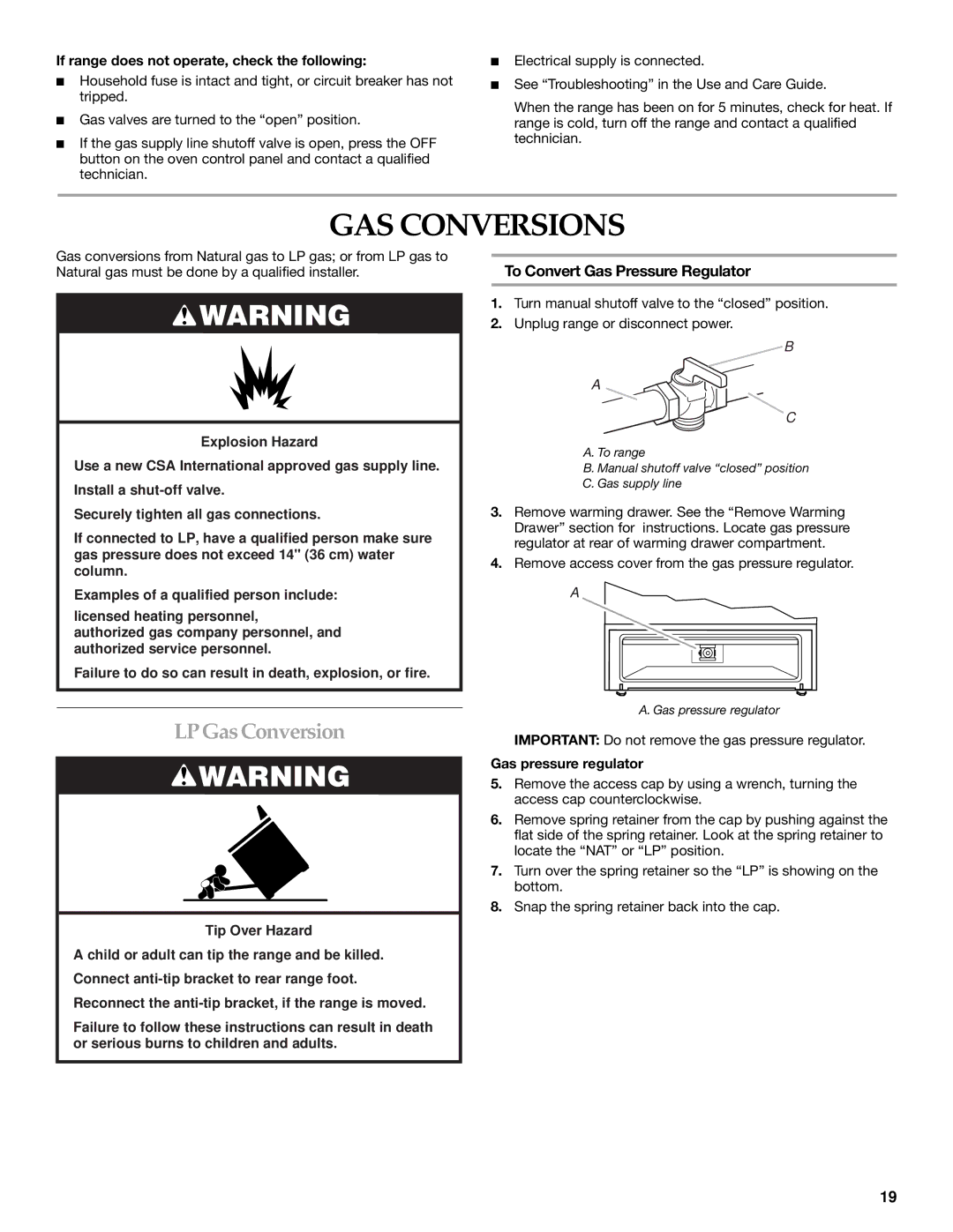 KitchenAid DUALFUEL RANGES GAS Conversions, LP GasConversion, To Convert Gas Pressure Regulator, Gas pressure regulator 