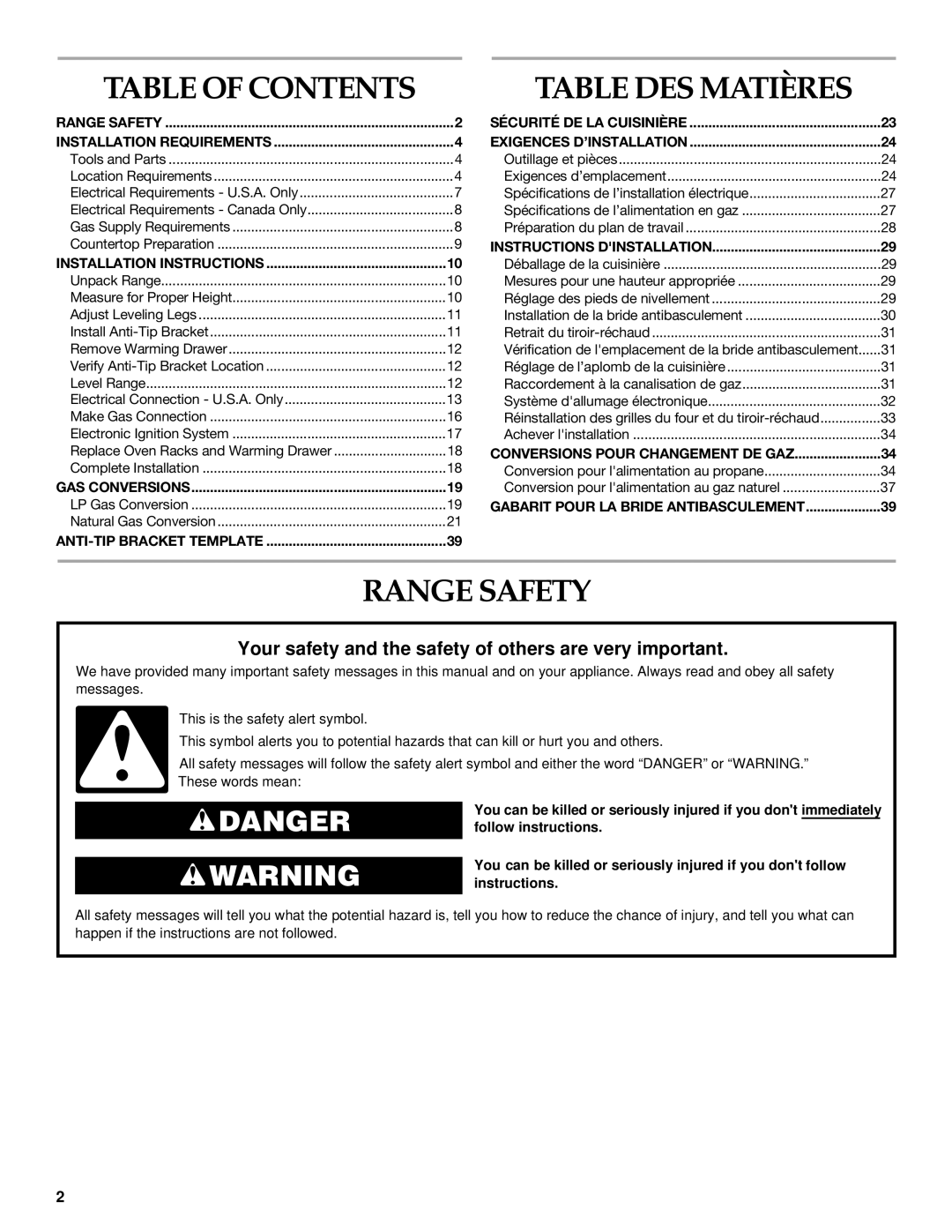 KitchenAid DUALFUEL RANGES installation instructions Table DES Matières, Range Safety 