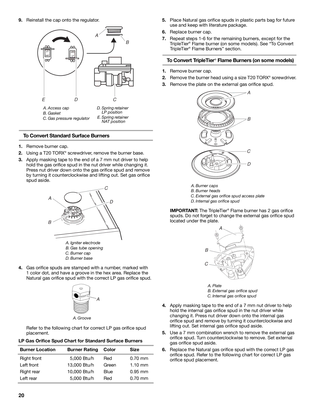 KitchenAid DUALFUEL RANGES To Convert TripleTier Flame Burners on some models, To Convert Standard Surface Burners 