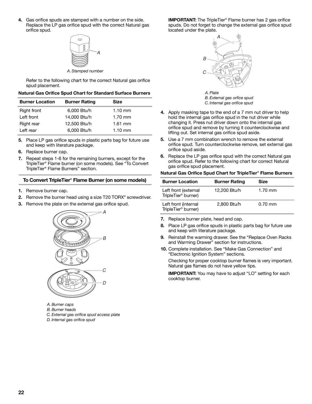 KitchenAid DUALFUEL RANGES installation instructions To Convert TripleTier Flame Burner on some models 