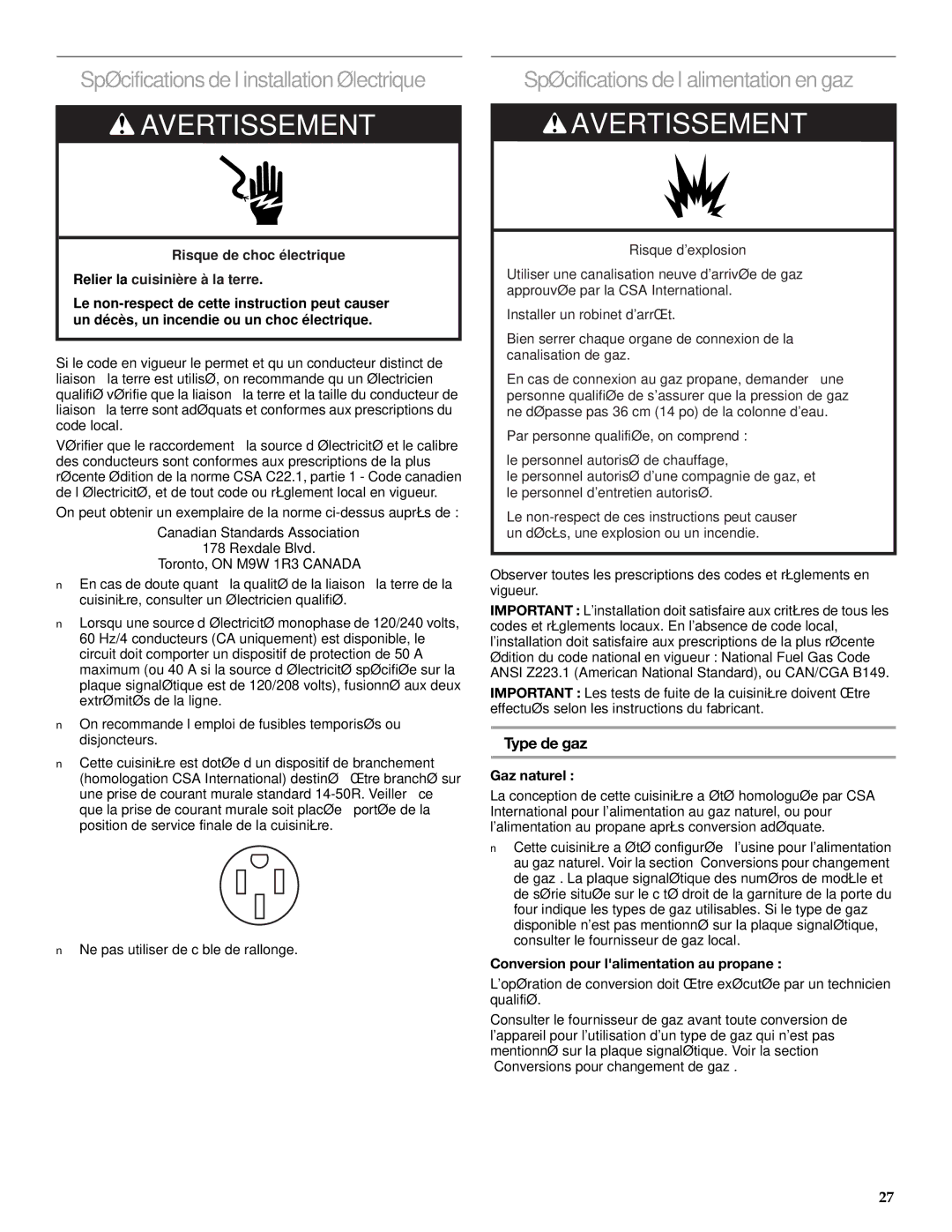 KitchenAid DUALFUEL RANGES Spécificationsdel’installationélectrique, Spécificationsdel’alimentation engaz, Type de gaz 