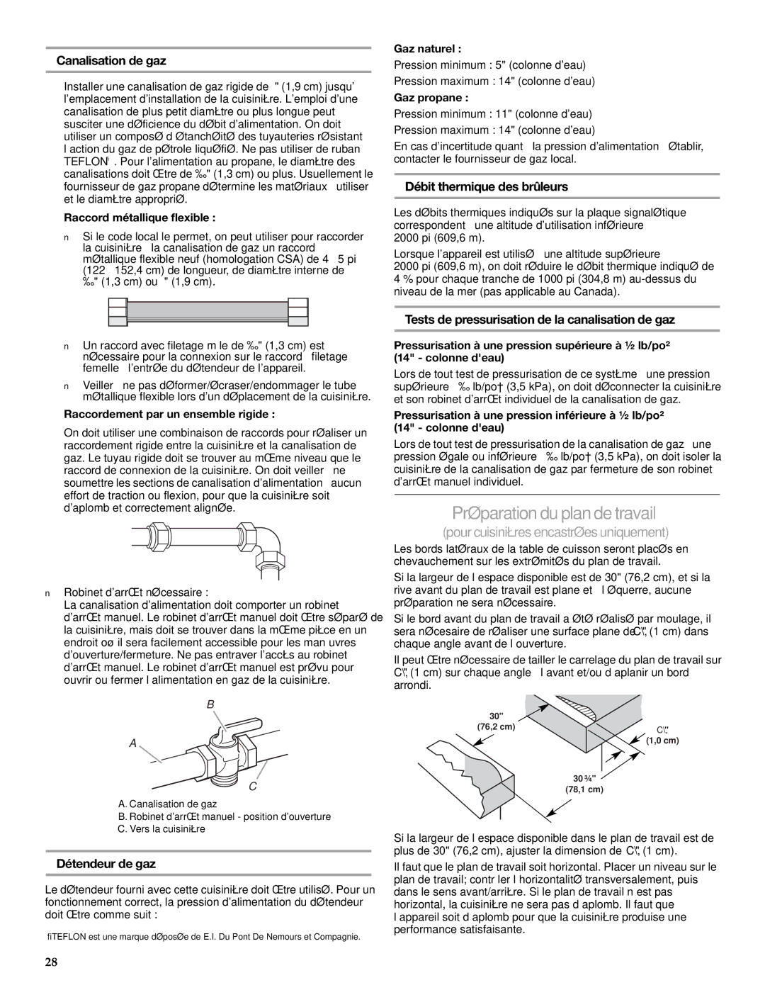 KitchenAid DUALFUEL RANGES Préparationduplandetravail, Canalisation de gaz, Débit thermique des brûleurs, Détendeur de gaz 