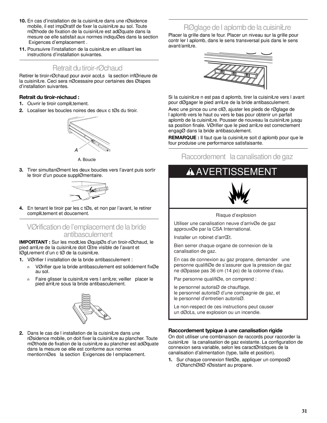 KitchenAid DUALFUEL RANGES Retraitdutiroir-réchaud, Vérificationdelemplacementdelabride Antibasculement 