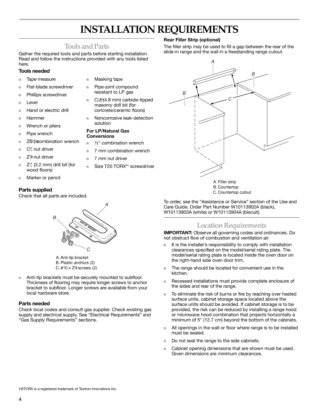 KitchenAid DUALFUEL RANGES installation instructions Installation Requirements, ToolsandParts, Location Requirements 